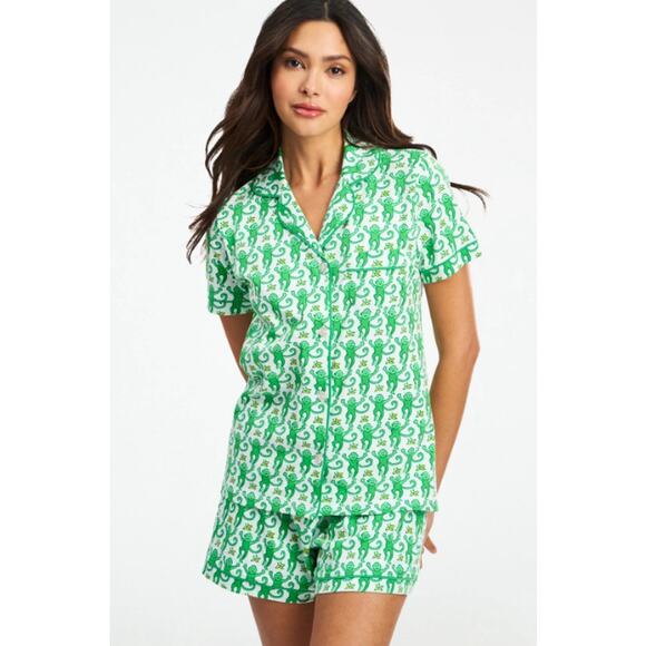 Roller Rabbit Shirt Womens XXS Monkey Polo Pajamas Green Button Front Comfort - Picture 1 of 10